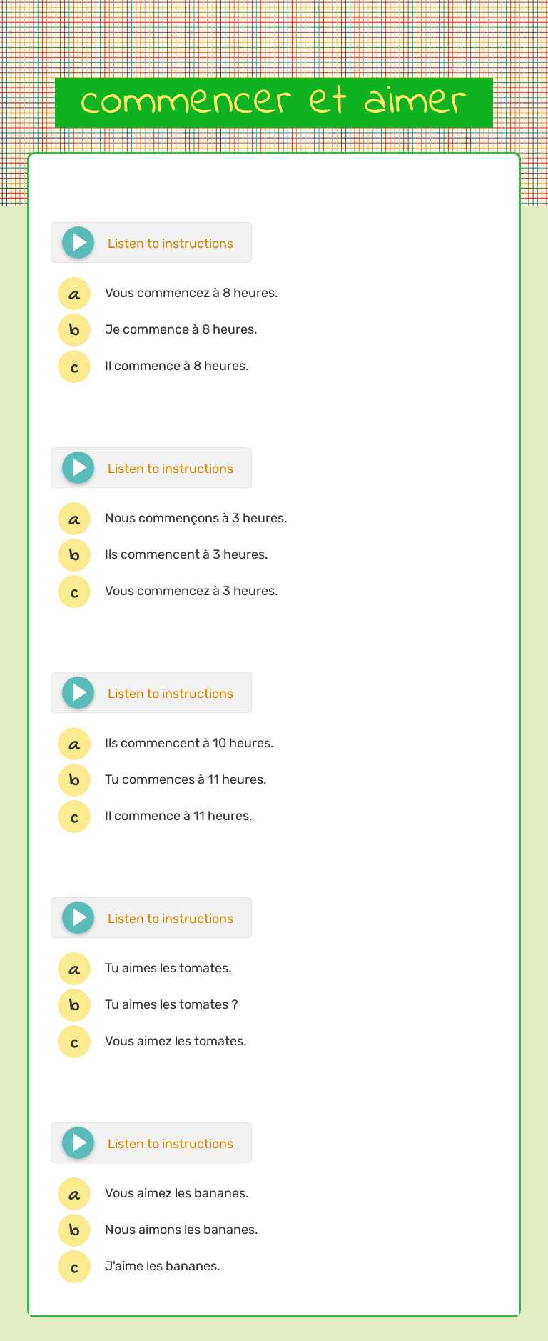 commencer et aimer worksheet preview image