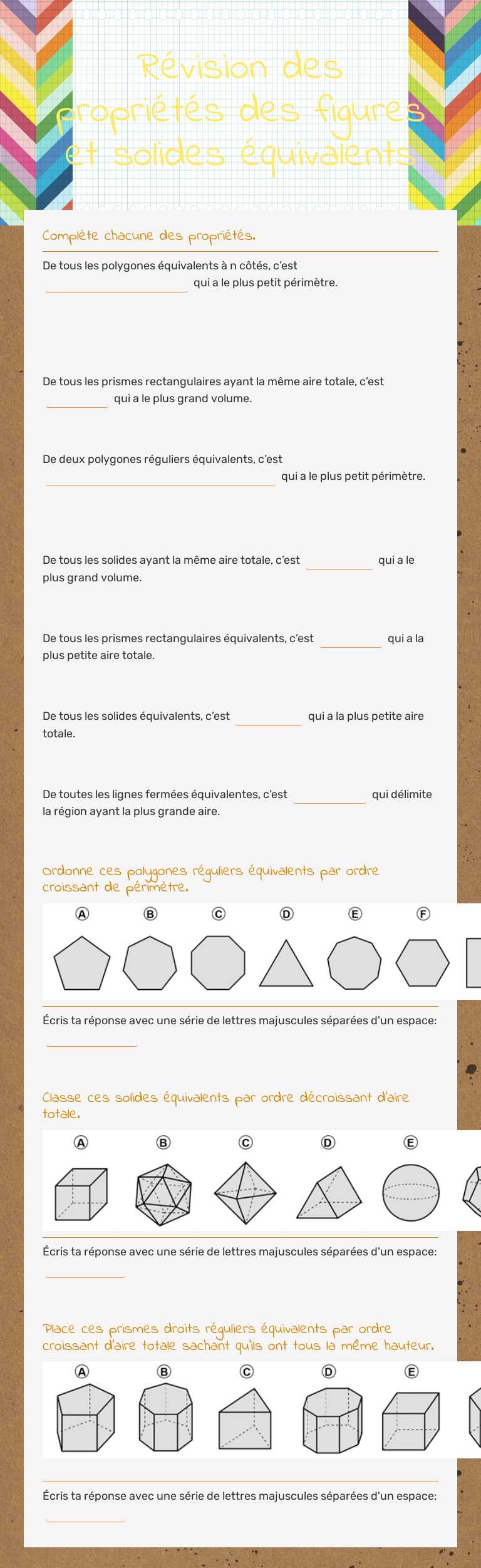 Révision des propriétés des figures et solides équivalents worksheet preview image