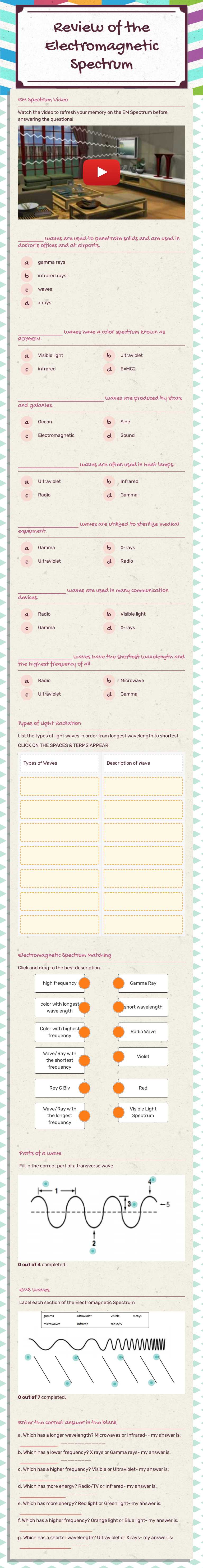Review of the Electromagnetic Spectrum worksheet preview image