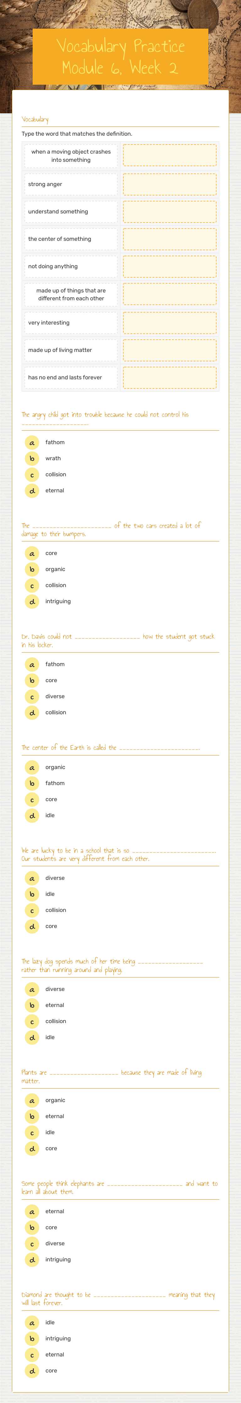 Vocabulary Practice Module 6, Week 2 worksheet preview image