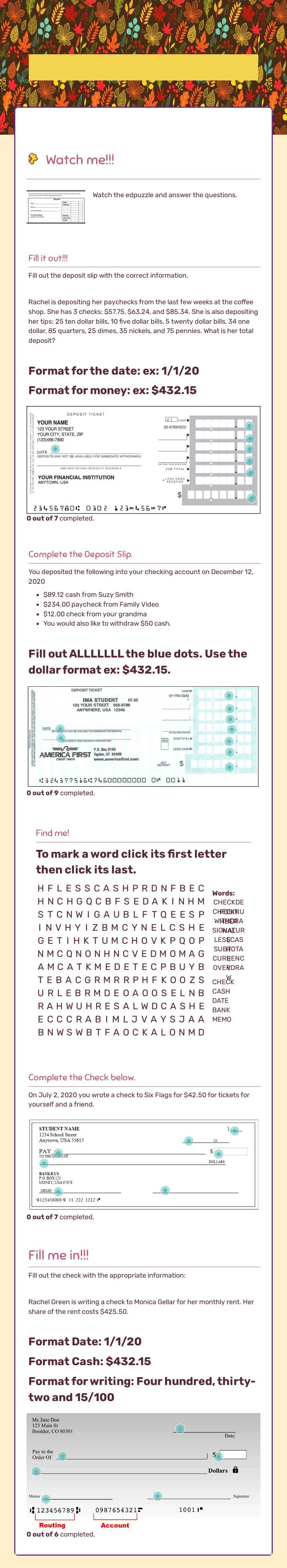 Checks & Deposit Slips worksheet preview image