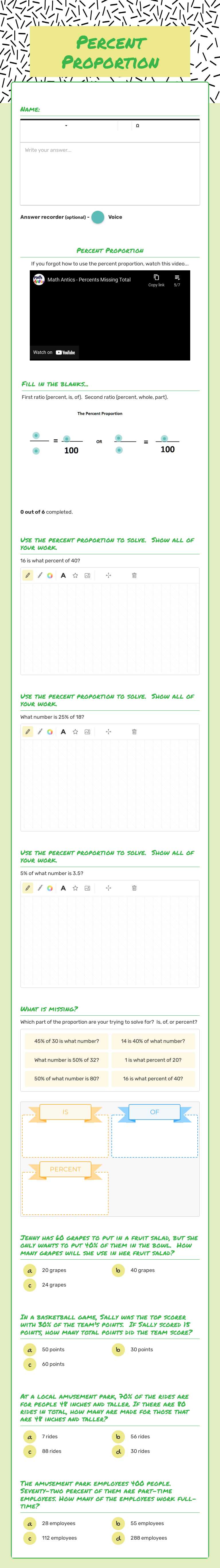 Percent Proportion worksheet preview image