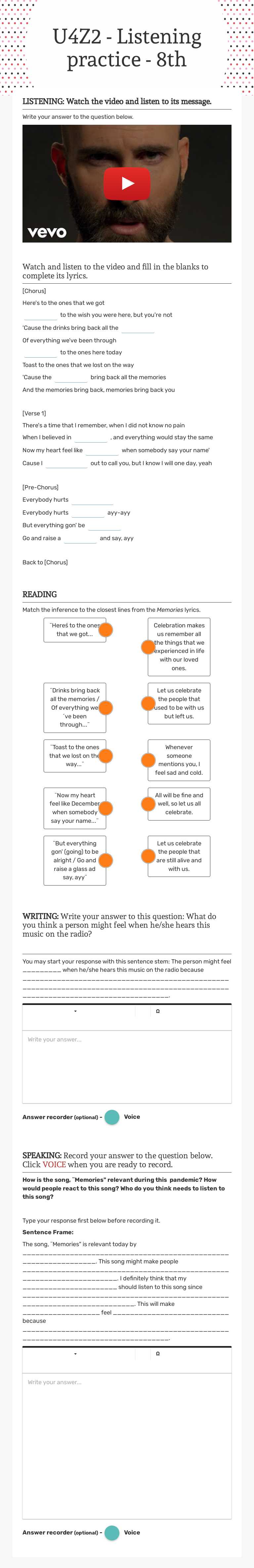 U4Z2 - Listening practice - 8th worksheet preview image