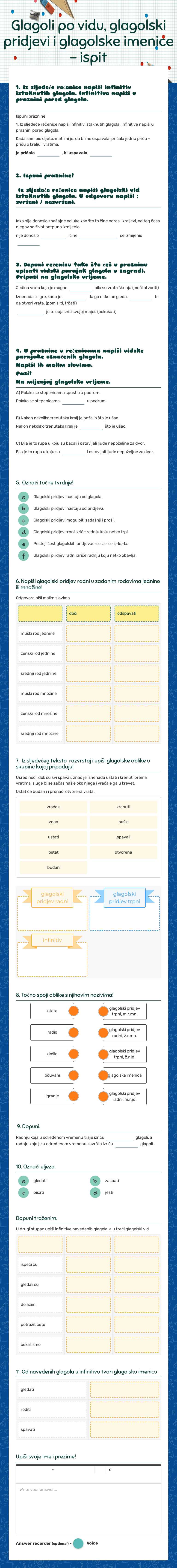 Glagoli po vidu, glagolski pridjevi i glagolske imenice - ispit worksheet preview