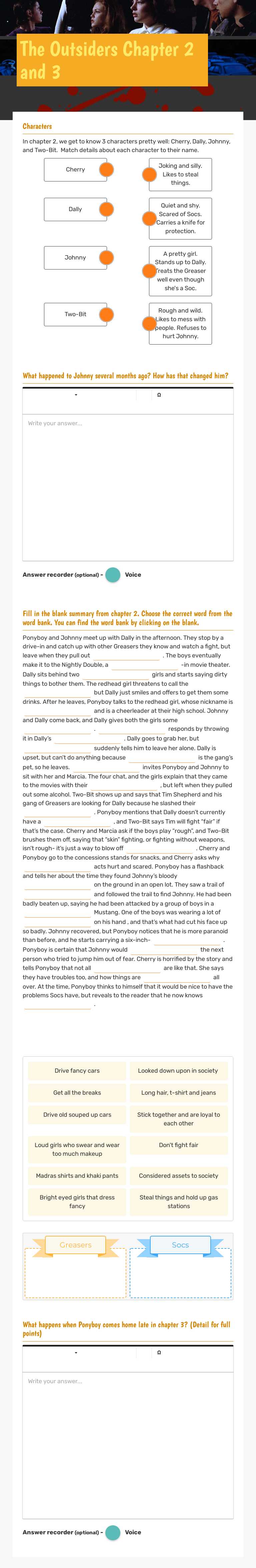 The Outsiders Chapter 2 and 3 Grade 7 worksheet preview