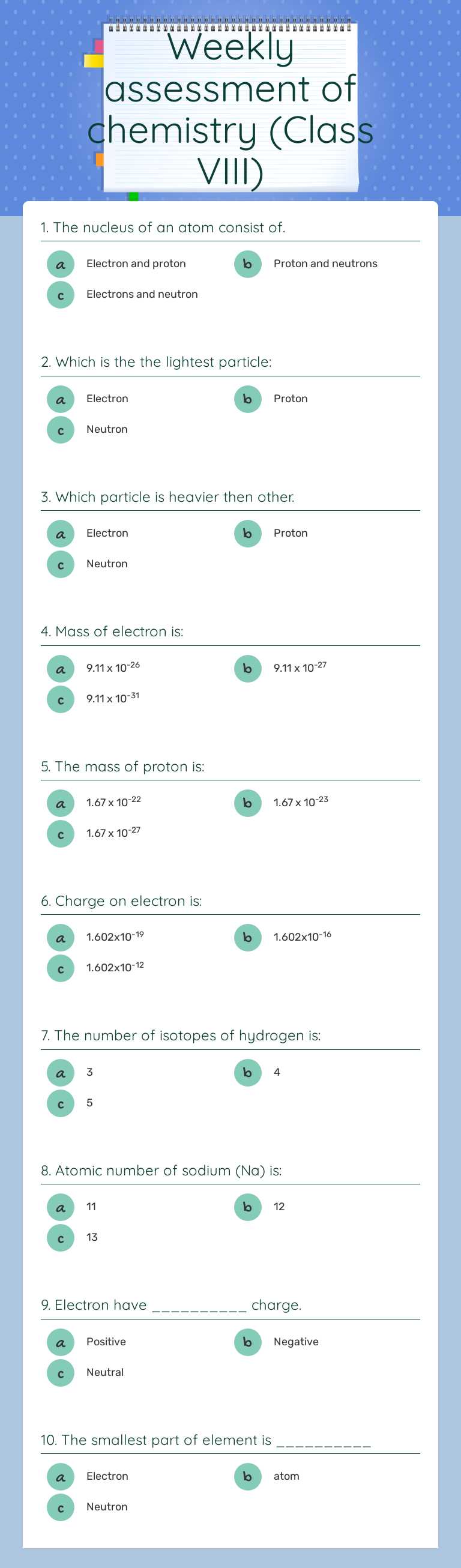 Weekly assessment of chemistry (Class VIII) worksheet preview image