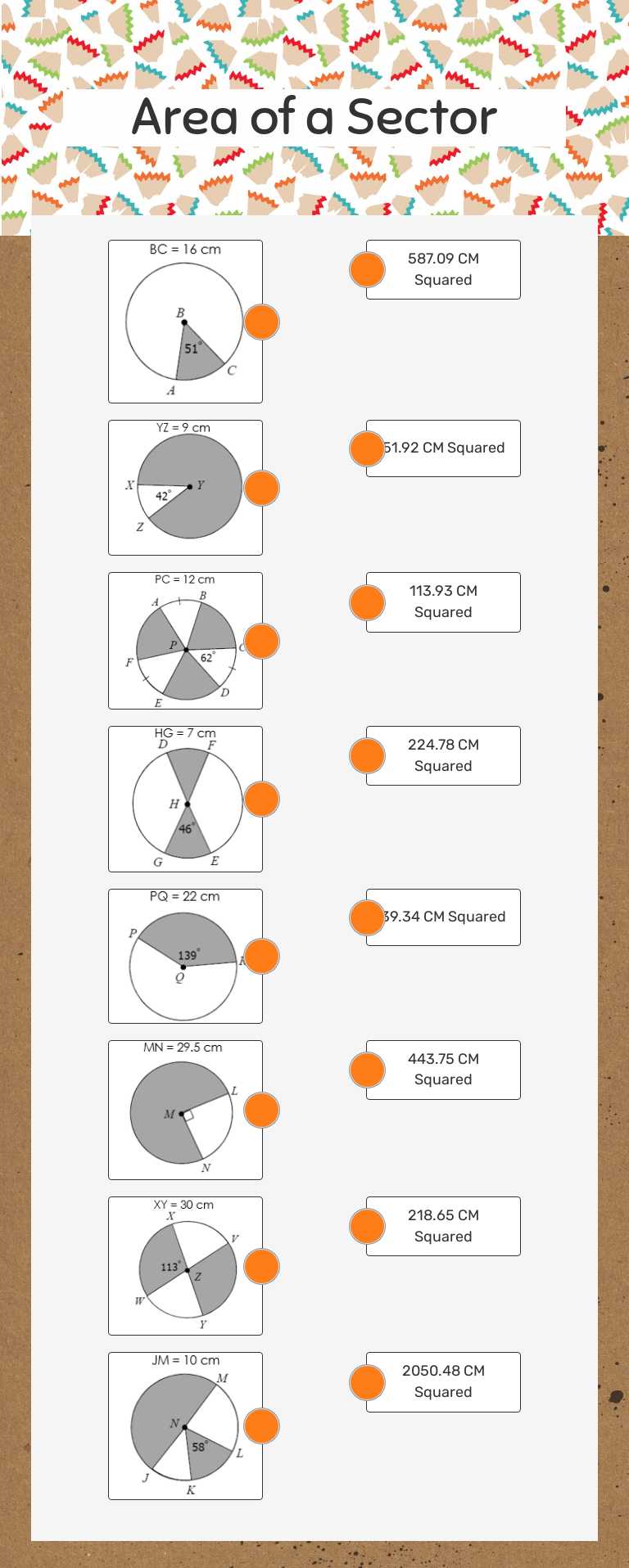 Area of a Sector worksheet preview image
