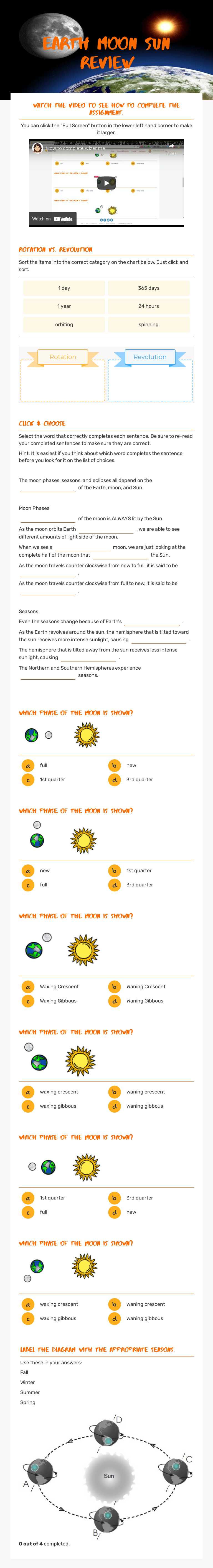 Earth Moon Sun Review Grade 6 worksheet preview