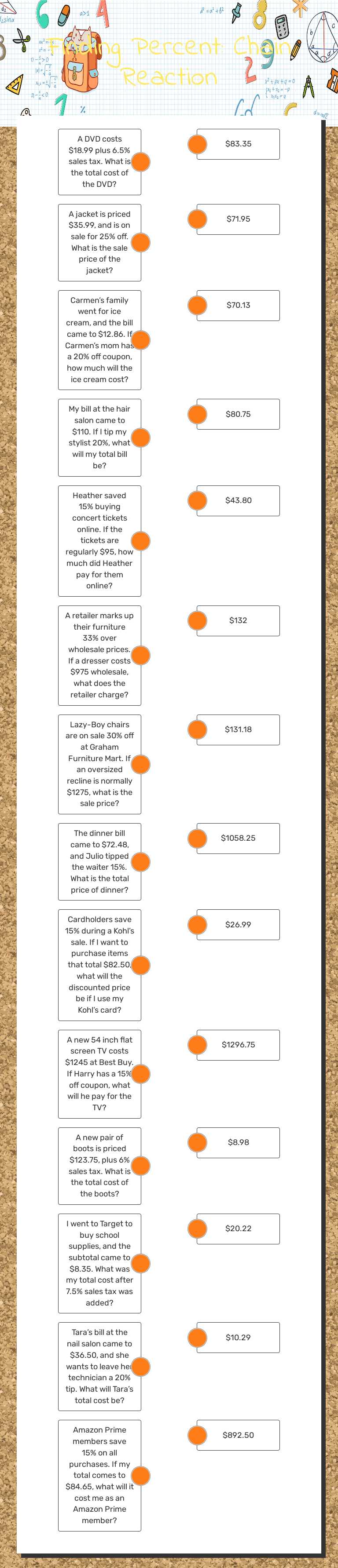 Finding Percent: Chain Reaction worksheet preview