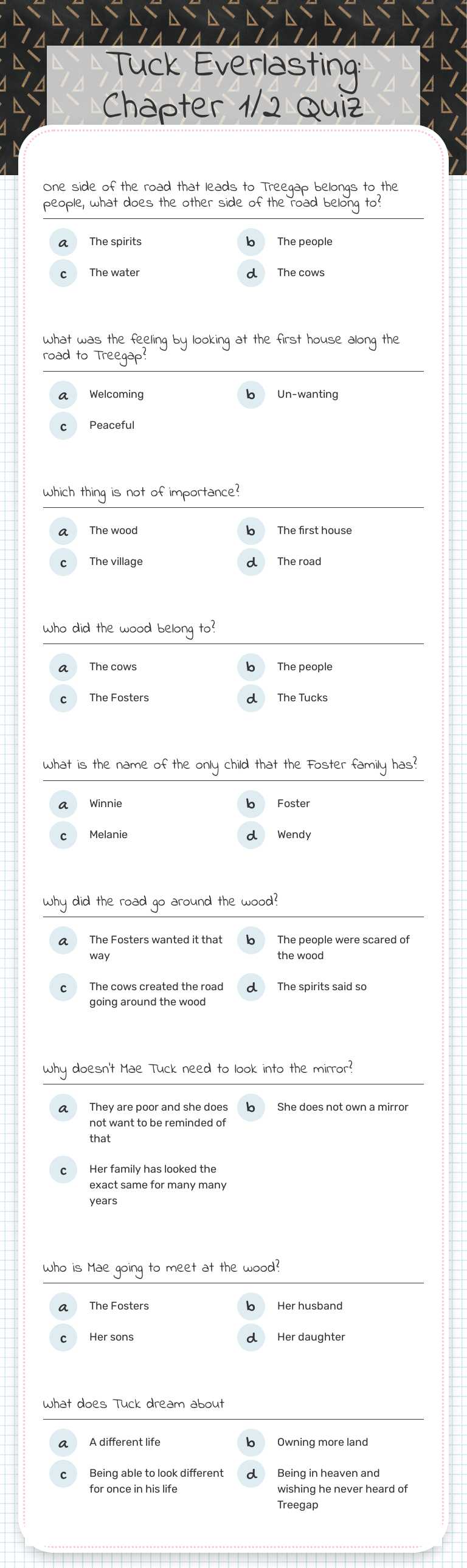 Tuck Everlasting: Chapter 1/2 Quiz Grade 6 worksheet preview