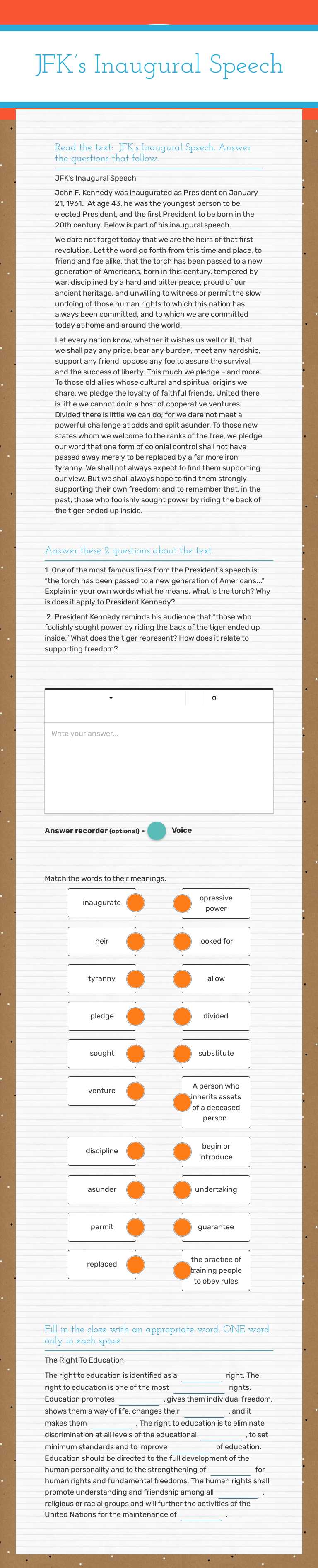 JFK’s Inaugural Speech Grade 9 worksheet preview