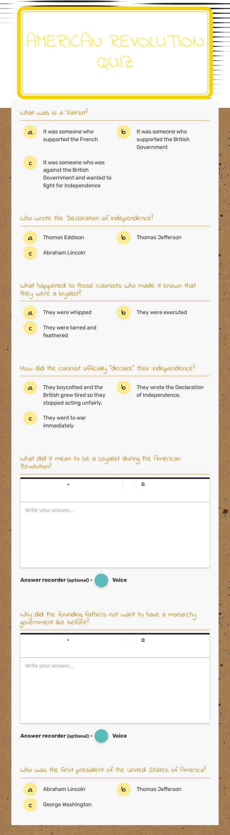 American Revolution QUiz worksheet preview image