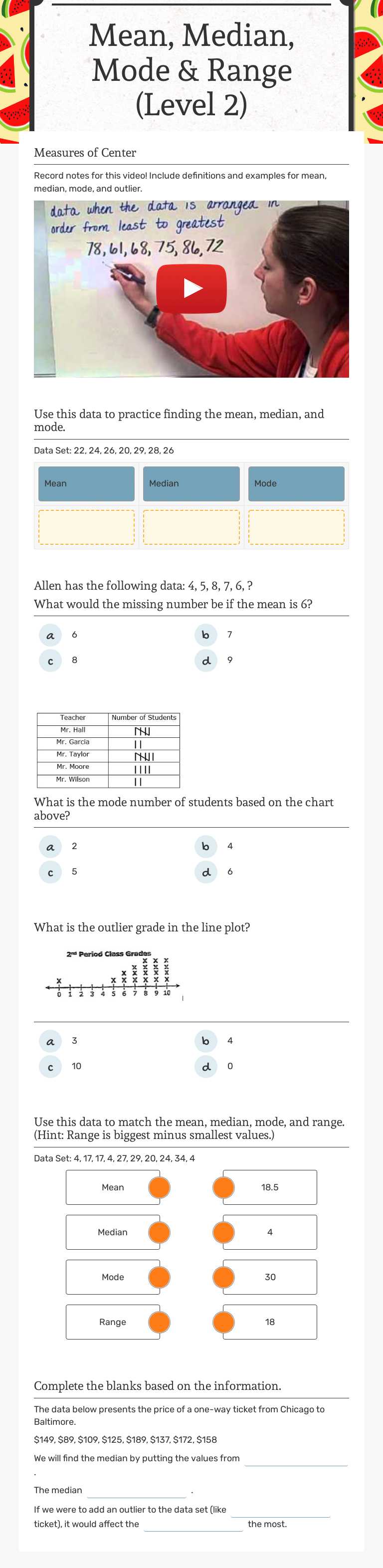 Grade 8:Mean, Median, Mode & Range: 25th April 2022 worksheet preview image