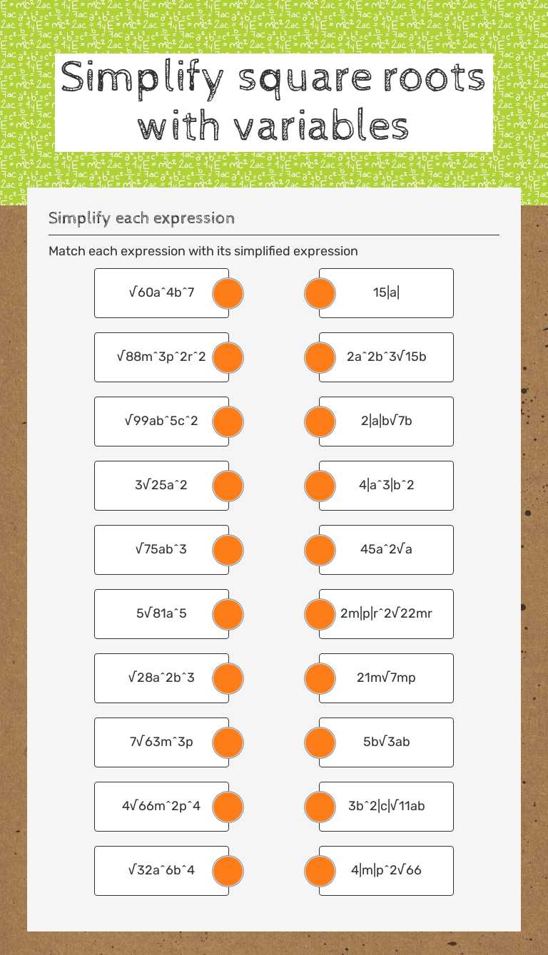 Simplify square roots with variables worksheet preview image