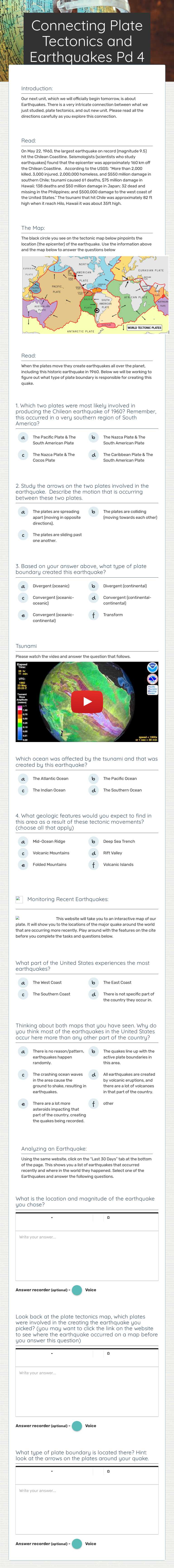 Connecting Plate Tectonics and Earthquakes Pd 4 worksheet preview image