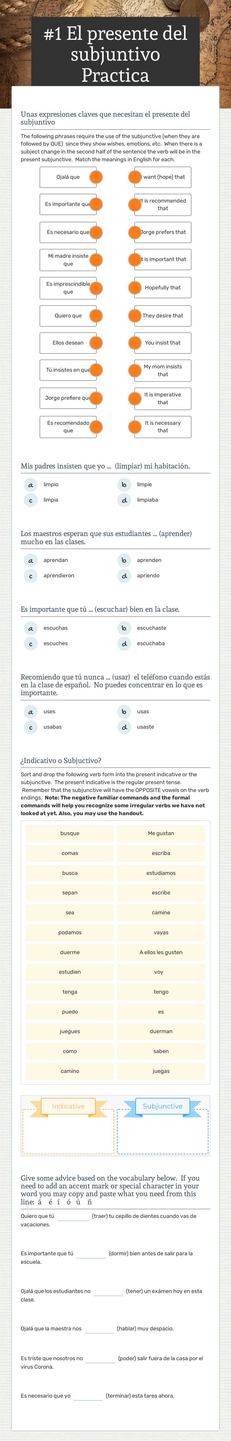 #1 El presente del subjuntivo Practica Grade 10 worksheet preview