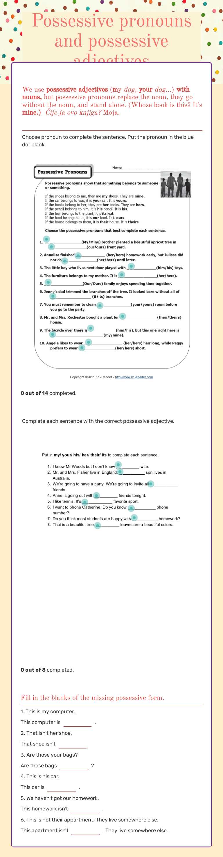 Possessive pronouns and possessive adjectives worksheet preview image