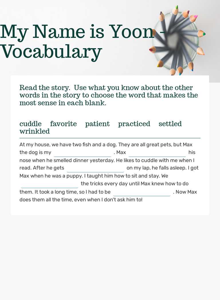 My Name is Yoon - Vocabulary Grade 2 worksheet preview