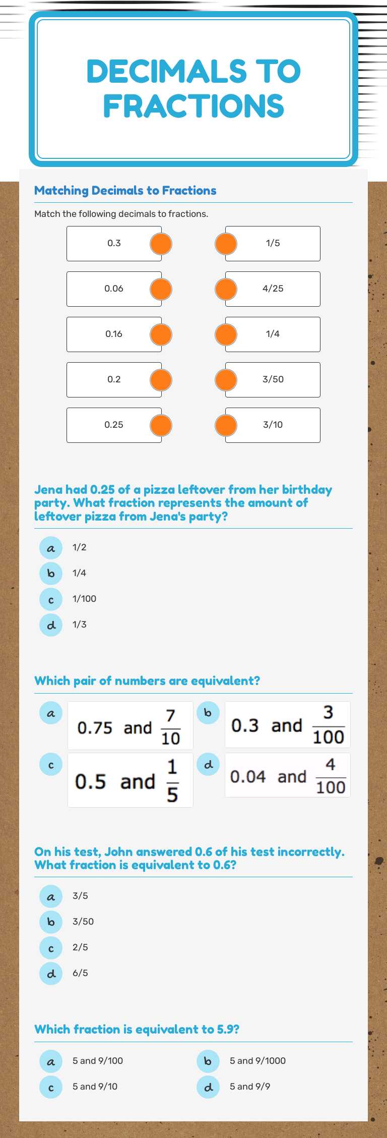 Decimals to Fractions Grade 6 worksheet preview