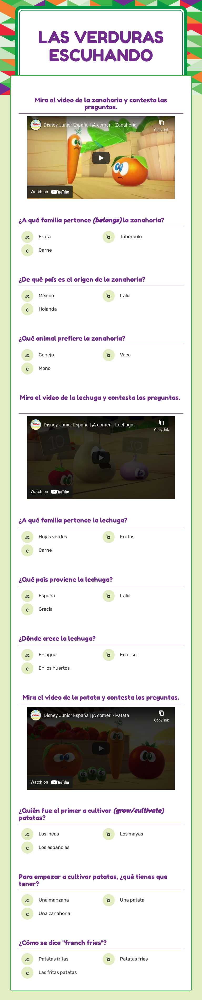Las verduras Escuhando Grade 8 worksheet preview