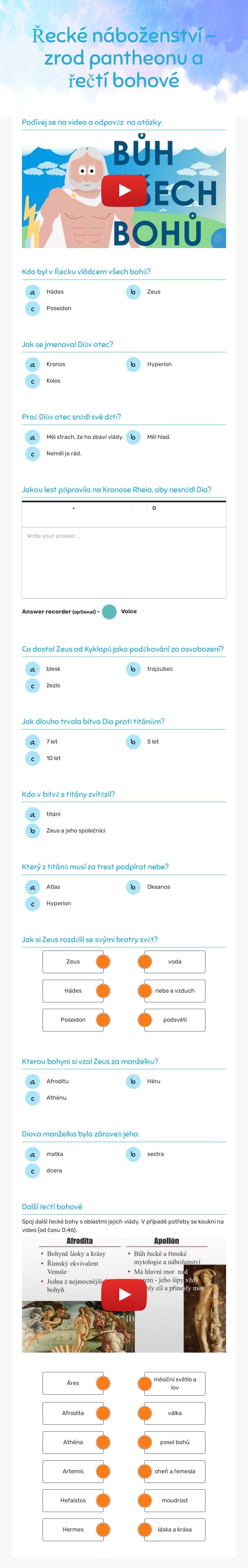 Řecké náboženství - zrod pantheonu a řečtí bohové worksheet preview image