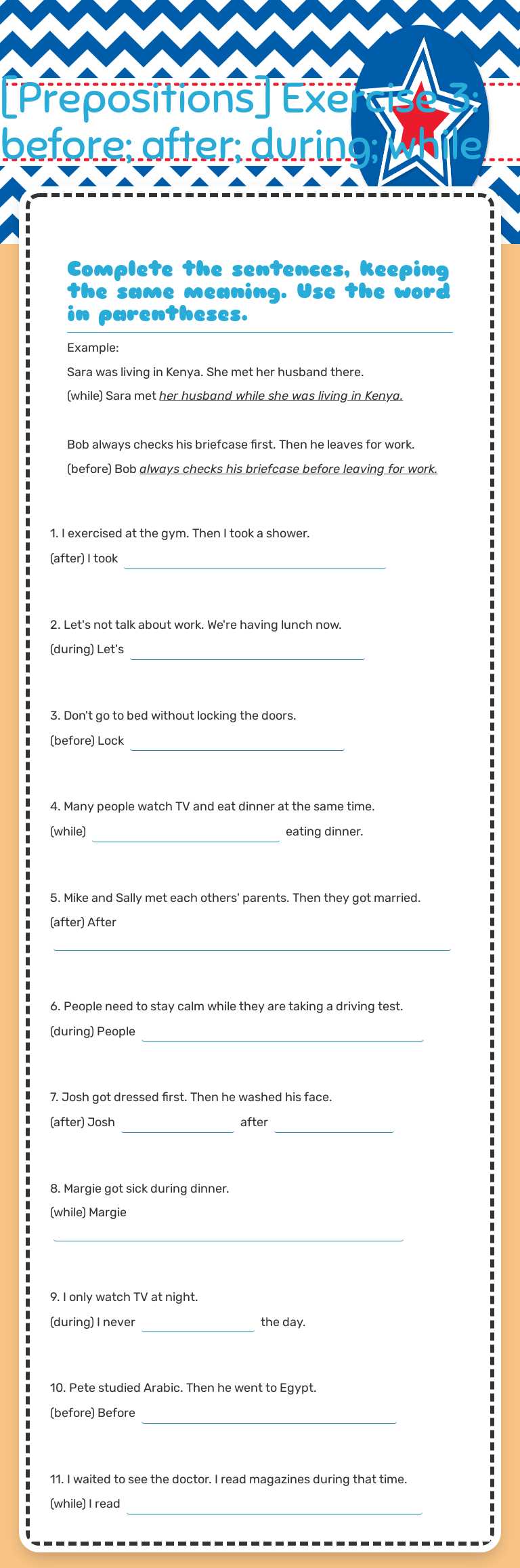 [Prepositions] Exercise 3: before; after; during; while worksheet preview image