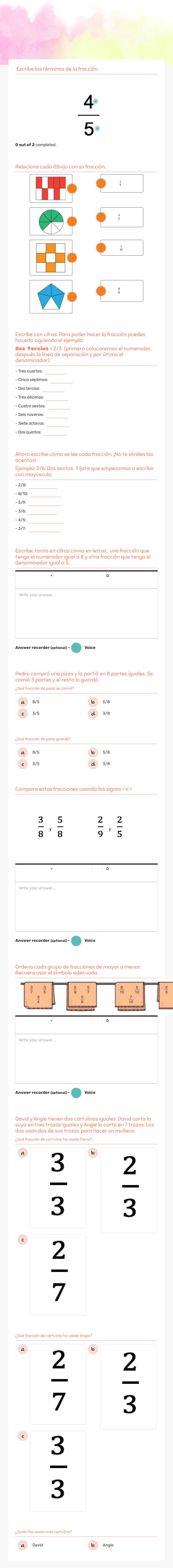matemáticas:        Las fracciones I worksheet preview image