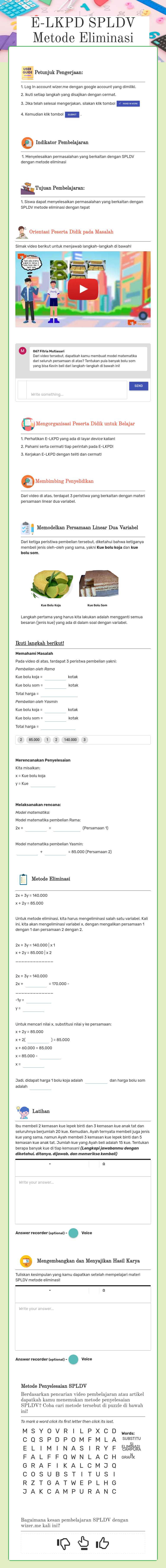E-LKPD SPLDV    Metode Eliminasi worksheet preview image