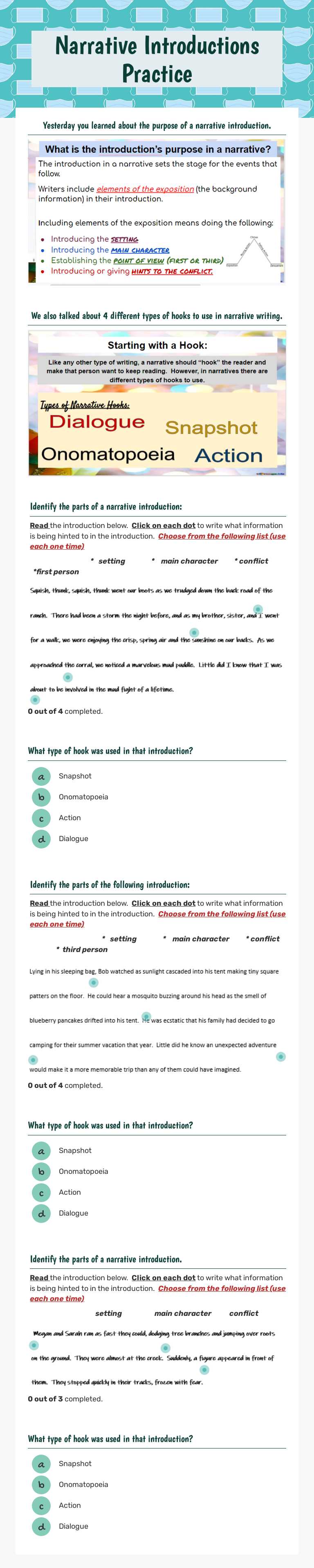 Narrative Introductions Practice Grade 7 worksheet preview