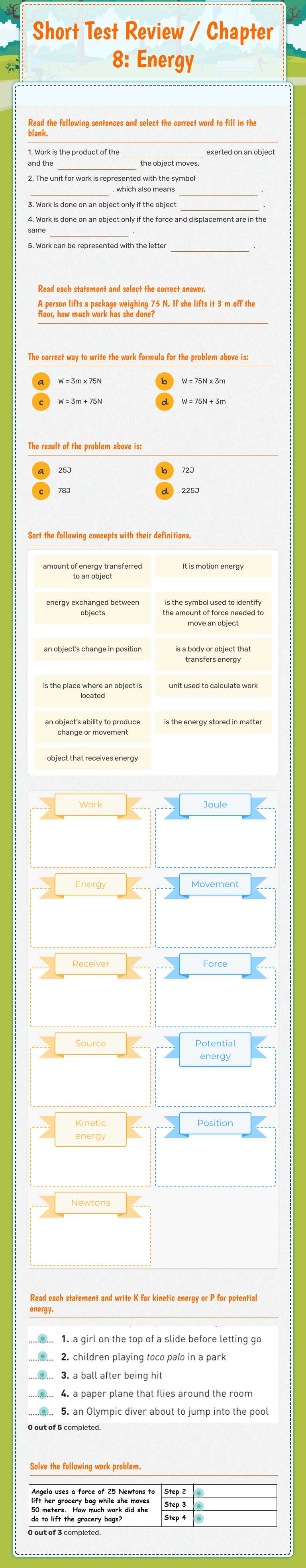 Short Test Review / Chapter 8: Energy worksheet preview image