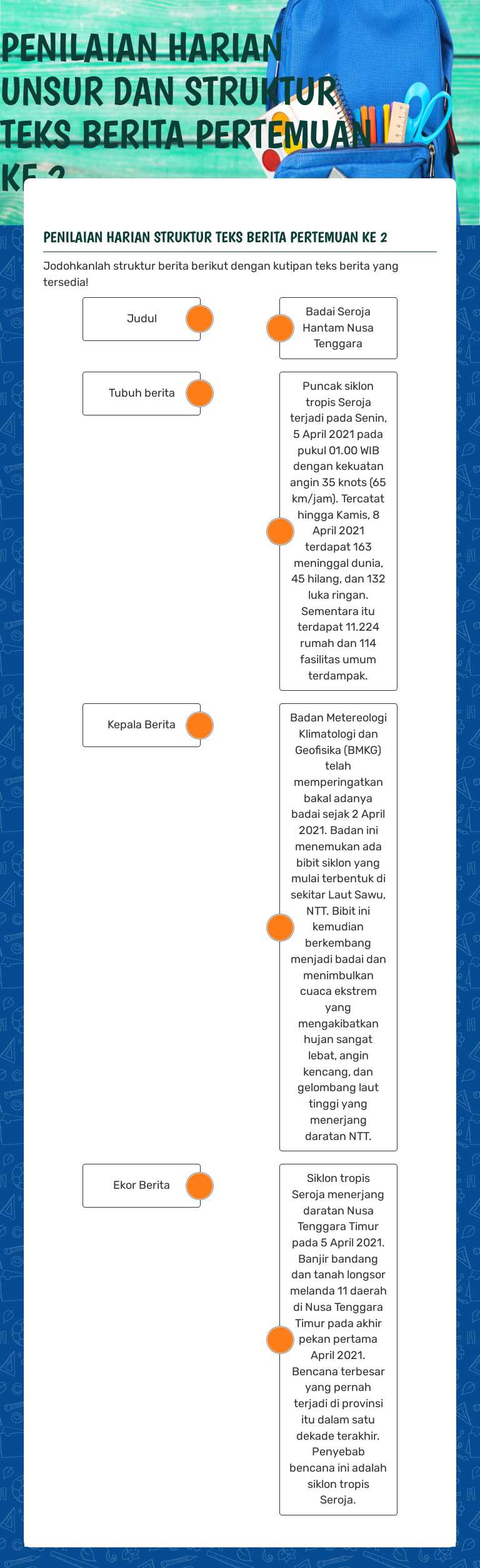 PENILAIAN HARIAN UNSUR DAN STRUKTUR TEKS BERITA PERTEMUAN KE 2 worksheet preview image