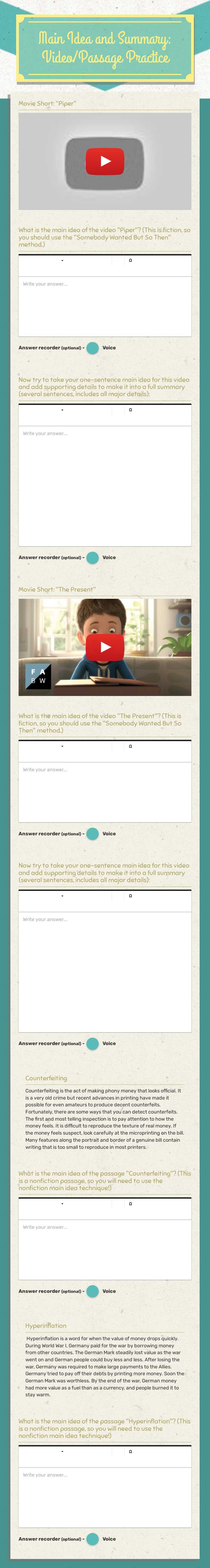 Main Idea and Summary: Video/Passage Practice worksheet preview image