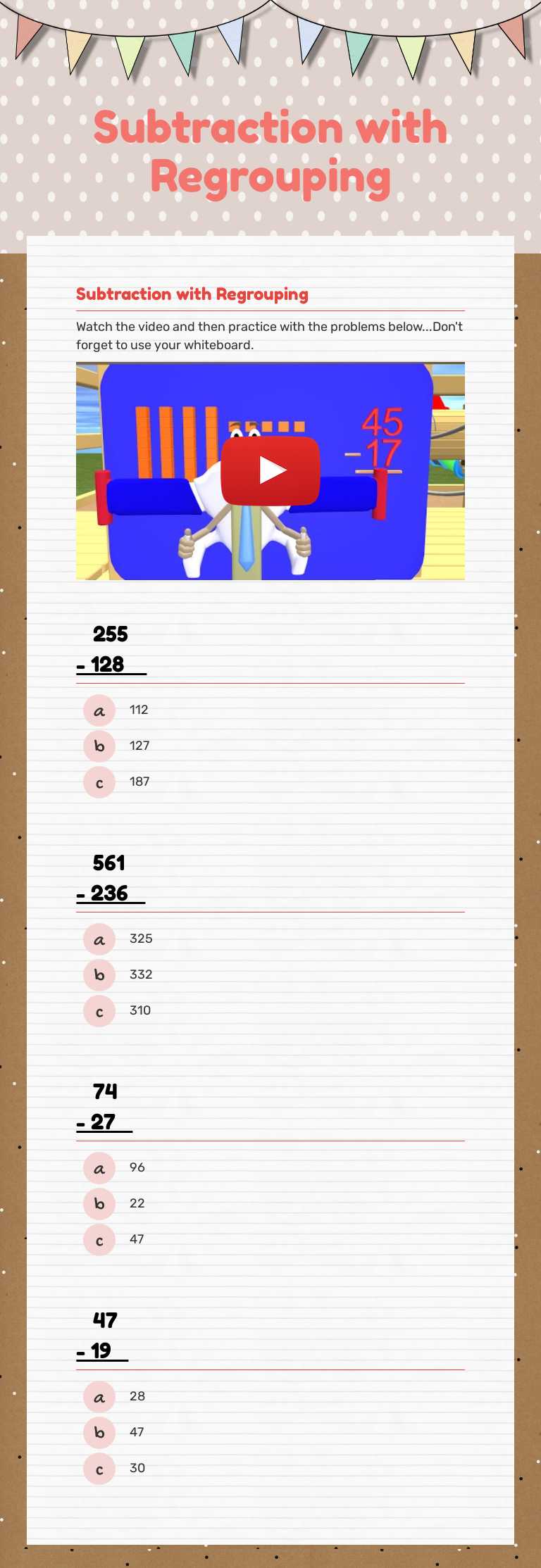 Subtraction 
with 
Regrouping worksheet preview image