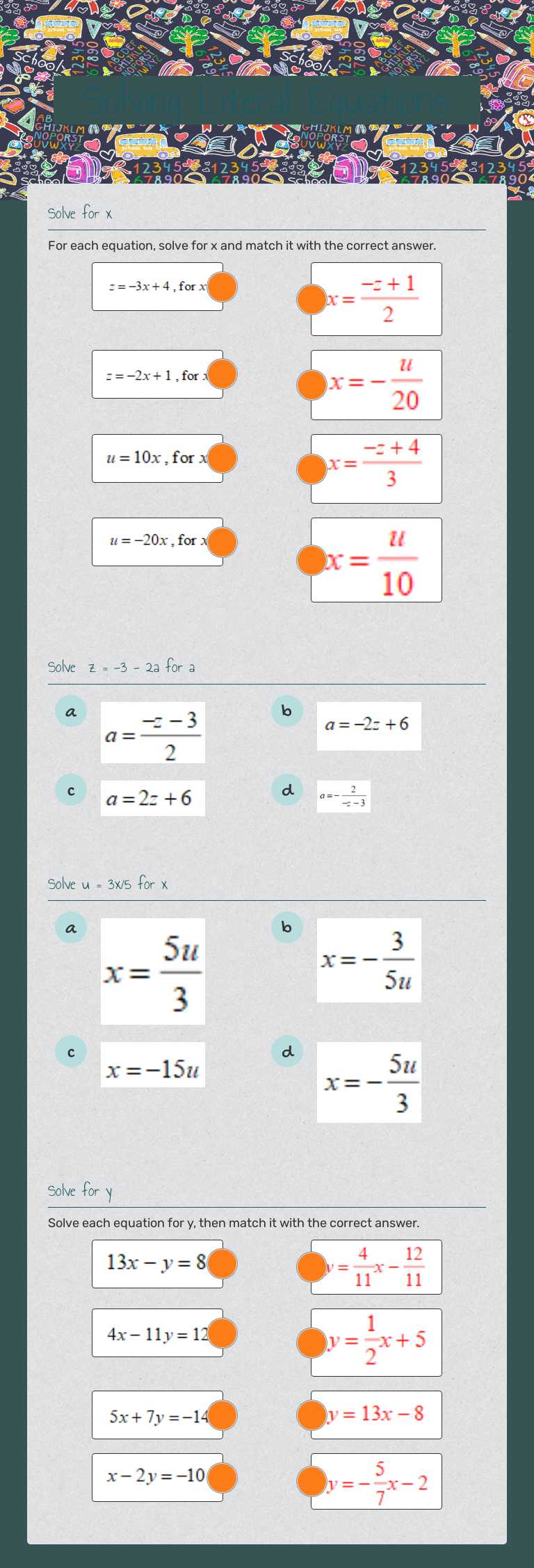 Solving Literal                 
Equations Grade 10 worksheet preview
