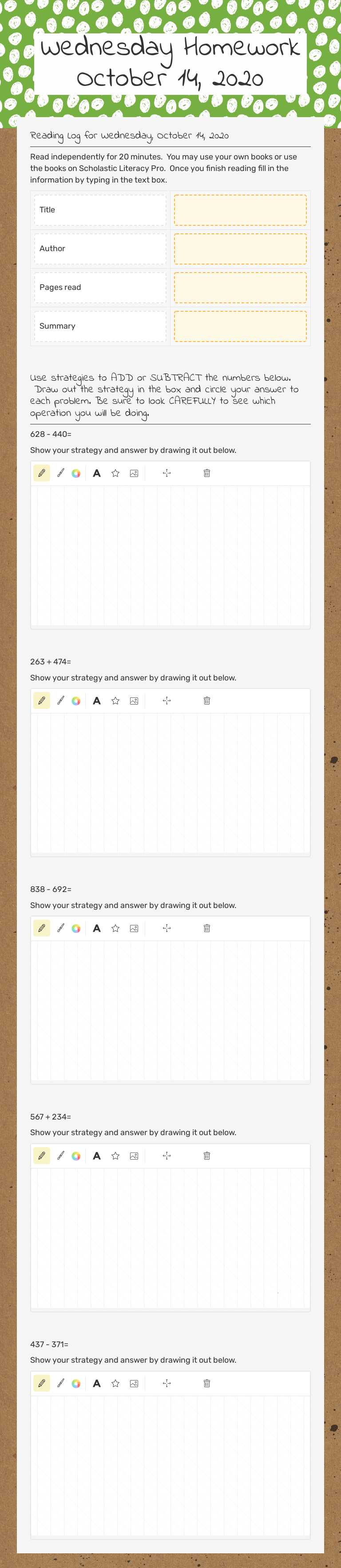 Wednesday Homework
October 14, 2020 Grade 3 worksheet preview