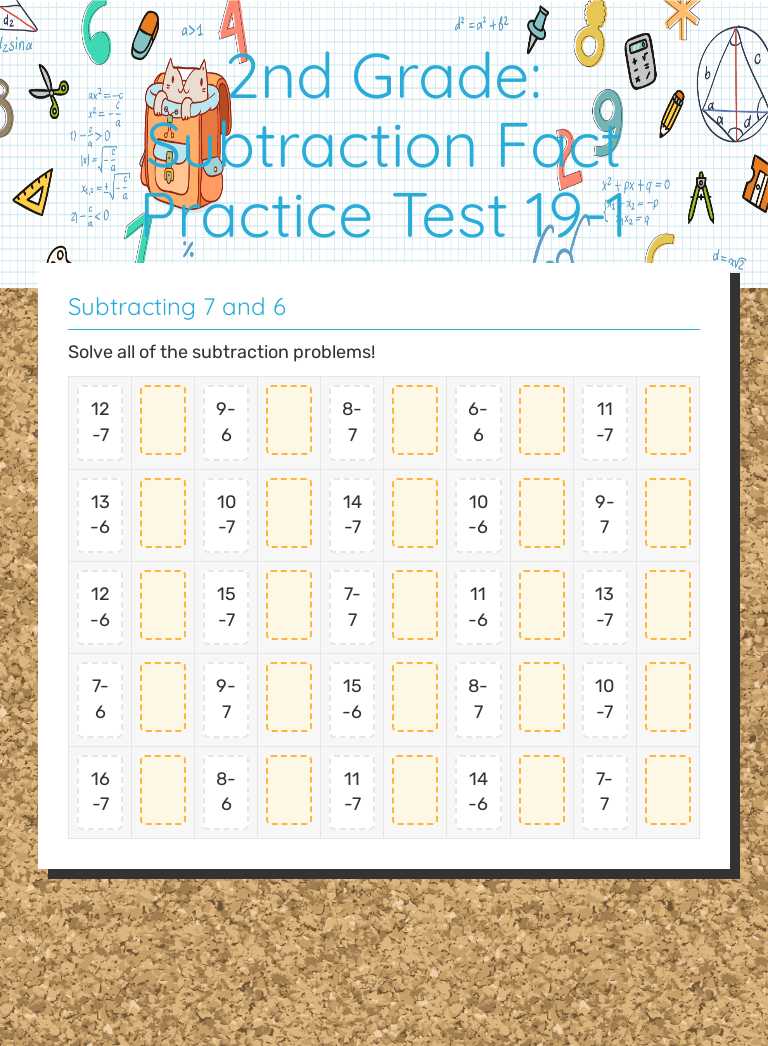 2nd Grade: Subtraction Fact Practice Test 19-1 worksheet preview image