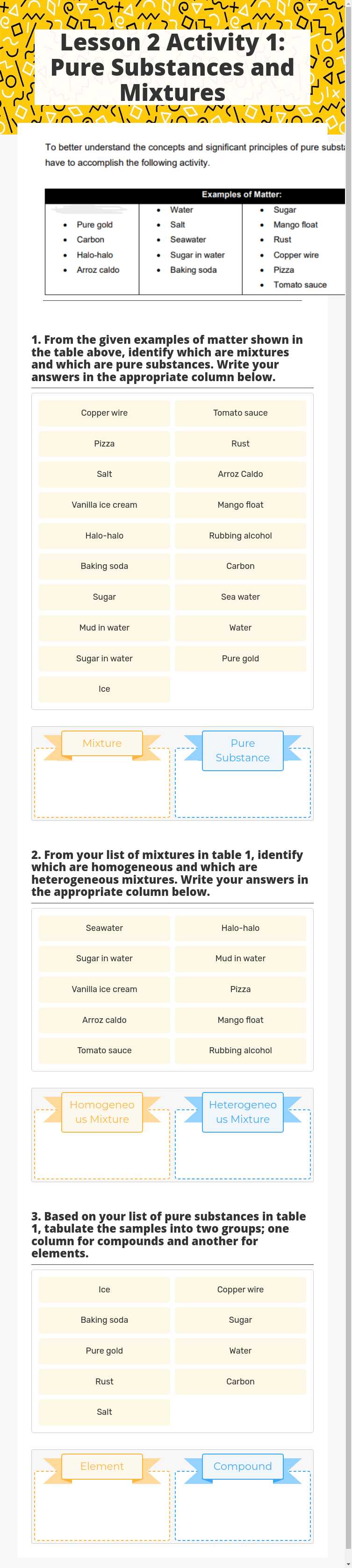 Lesson 2 Activity 1: Pure Substances and Mixtures worksheet preview image