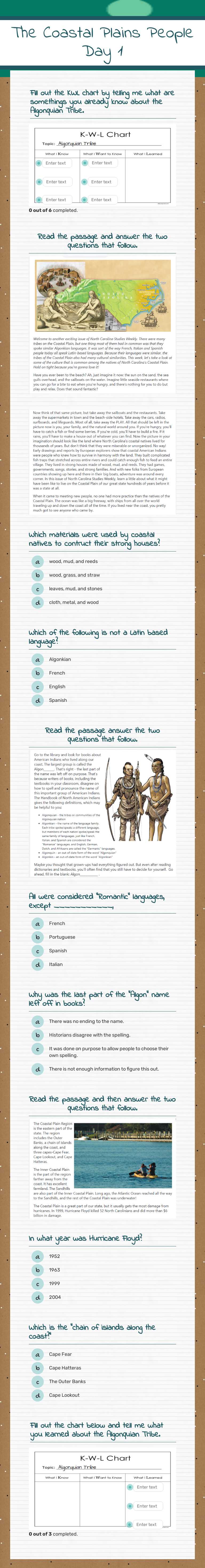 The Coastal Plains People Day 1 worksheet preview image