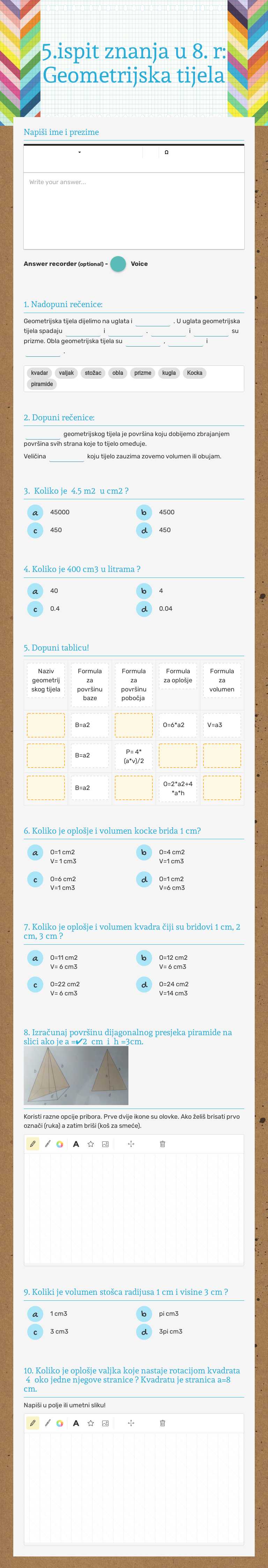 5.ispit znanja u 8. r: Geometrijska tijela worksheet preview image