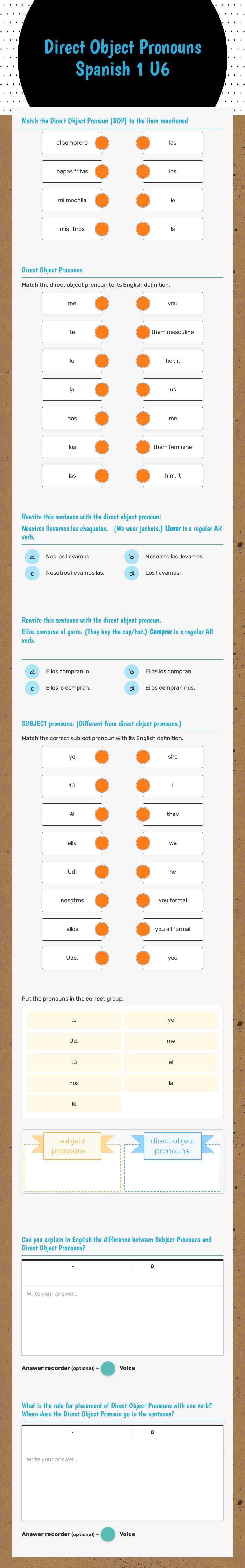 Direct Object Pronouns Spanish 1 U6 Grade 8 worksheet preview