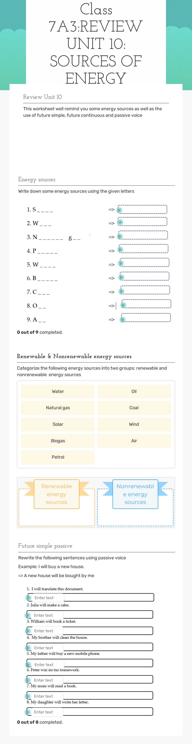 Class 7A3:REVIEW UNIT 10: SOURCES OF ENERGY worksheet preview image