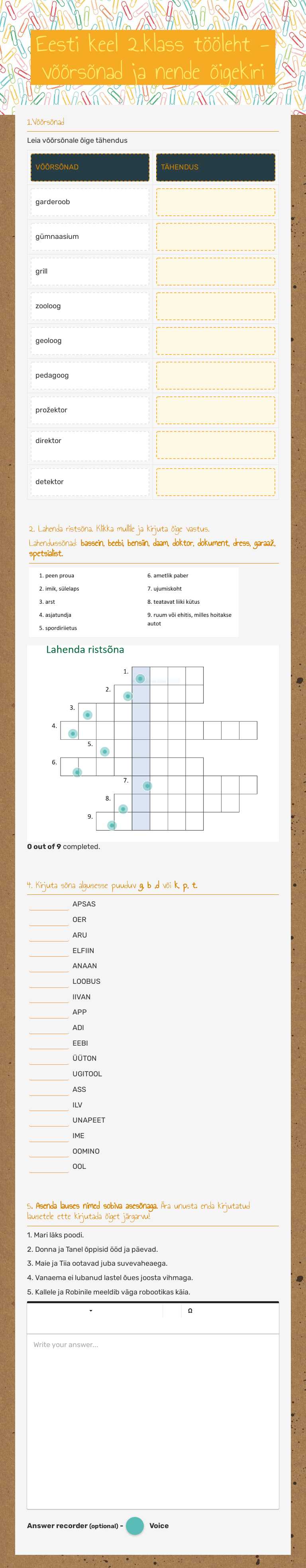 Eesti keel 2.klass tööleht - võõrsõnad ja nende õigekiri worksheet preview image