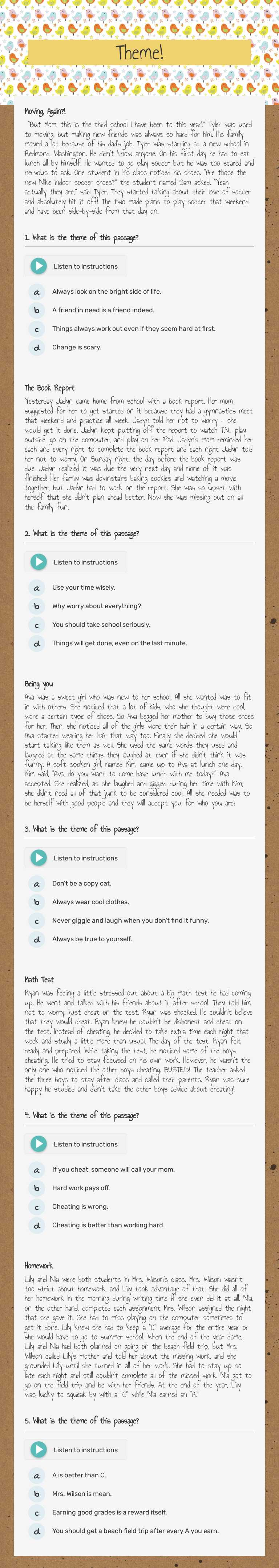Theme! Grade 4 worksheet preview