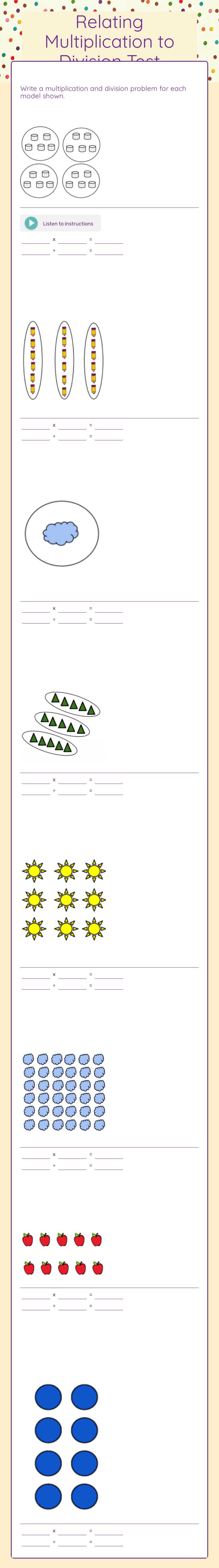 Relating Multiplication to Division Test worksheet preview image