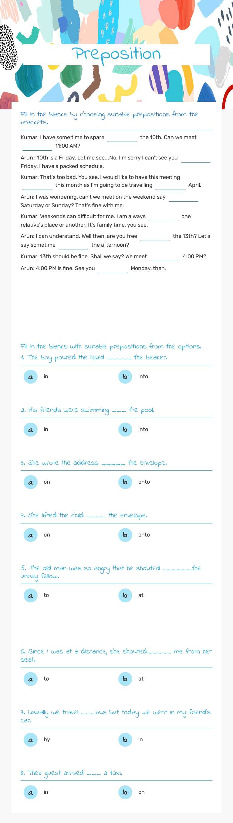Preposition worksheet preview image