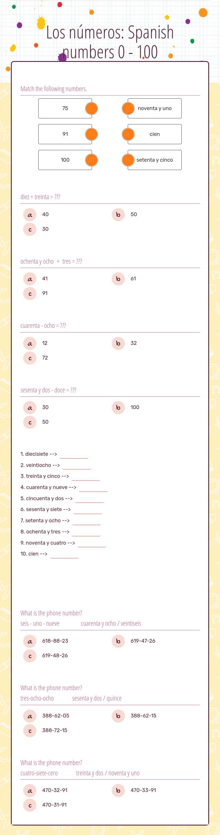 Los números: Spanish numbers 0 - 100 worksheet preview image