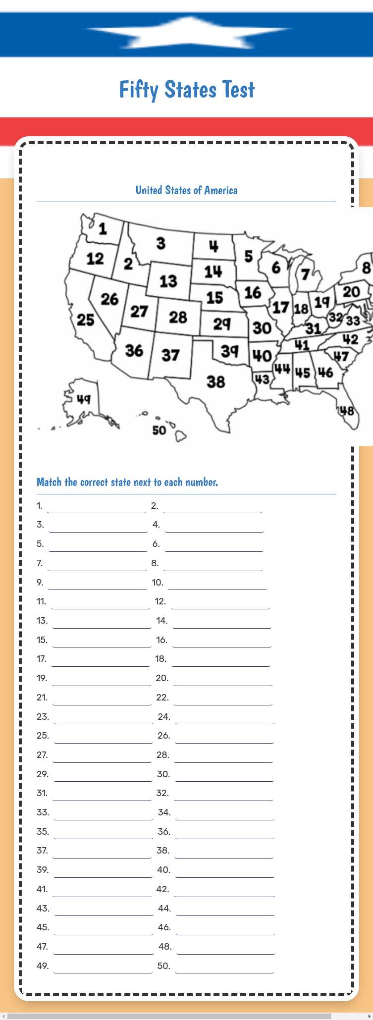 Fifty States Test Grade 4 worksheet preview