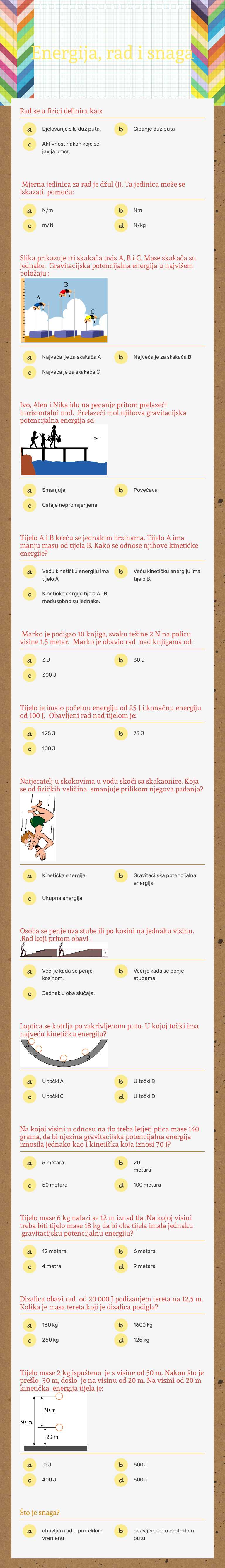 Energija, rad i snaga Grade 7 worksheet preview