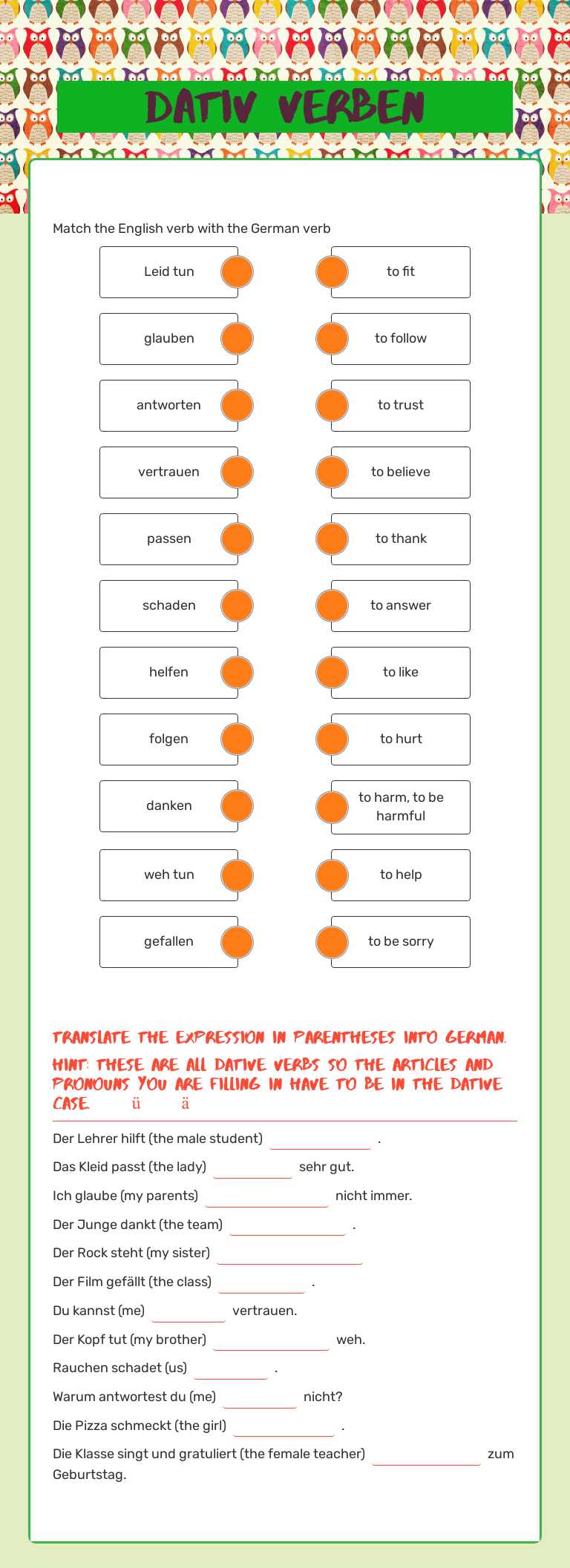 Dativ Verben worksheet preview image