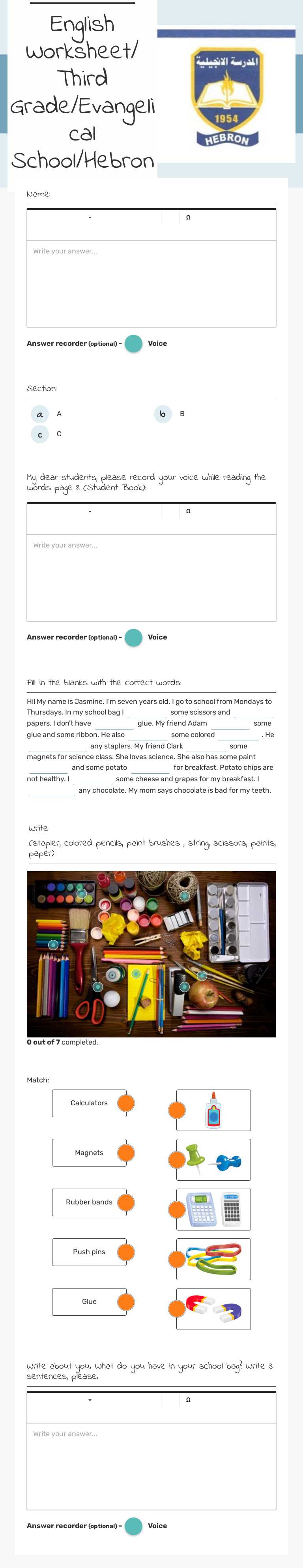 English Worksheet/ Third Grade/Evangelical School/Hebron Grade 3 worksheet preview